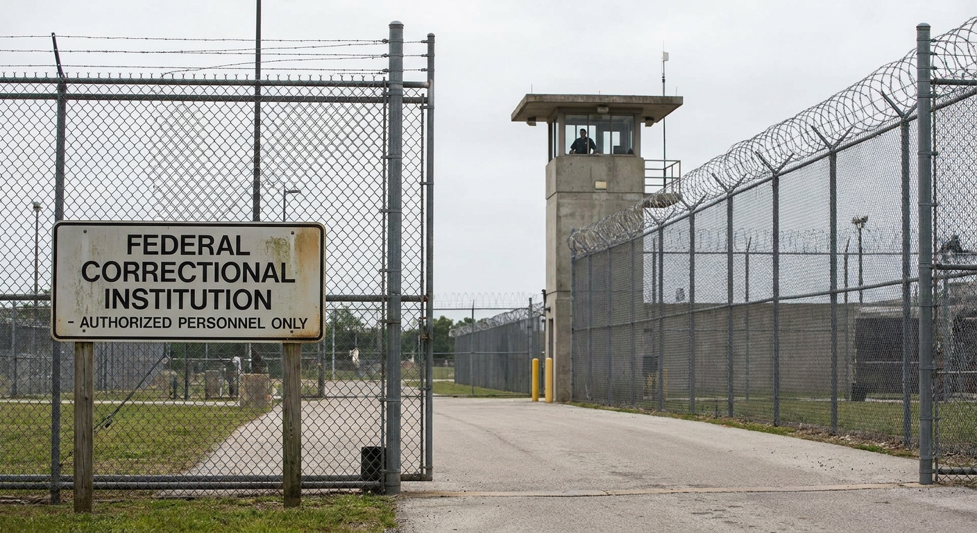 A real photograph of a federal prison facility entrance gate partially open in daylight, with security fencing and guard post visible