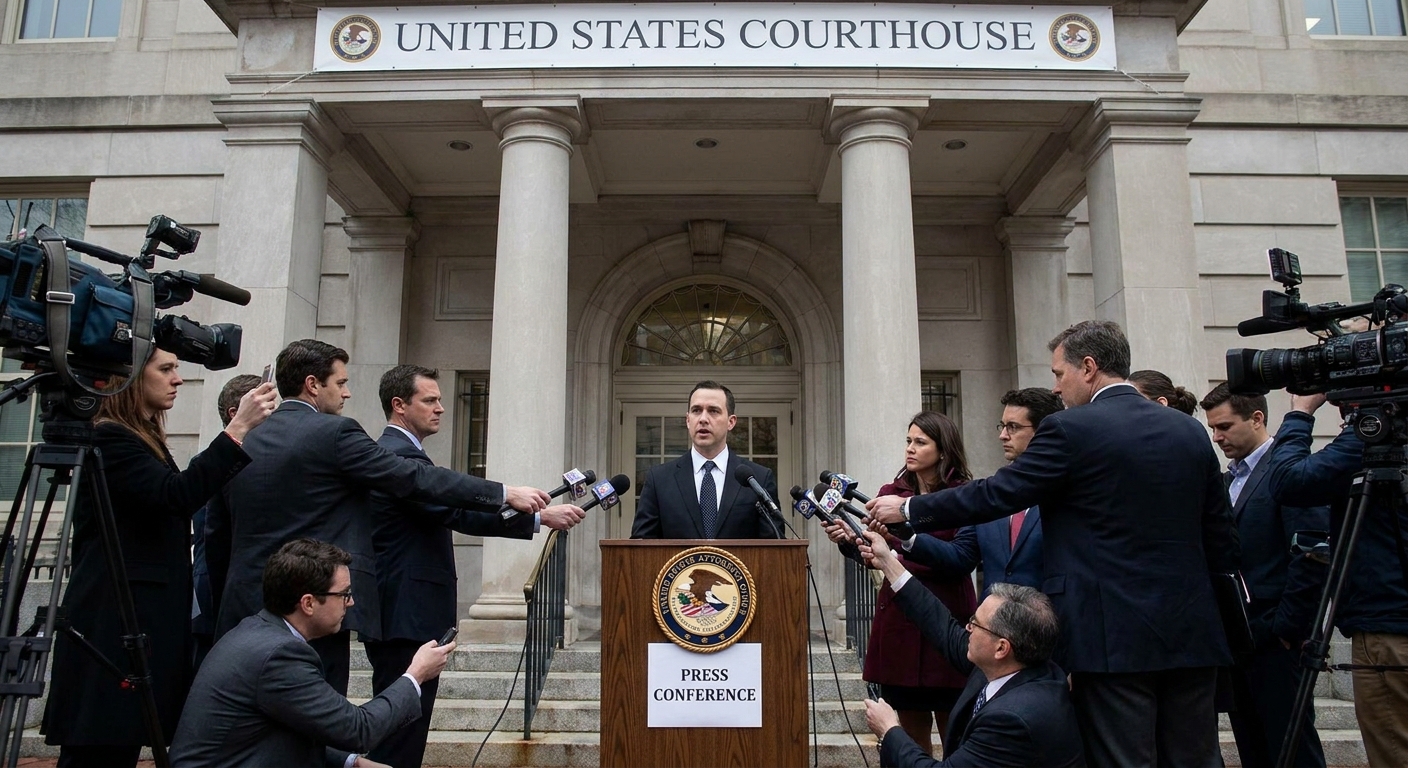 A real photograph of a federal prosecutor speaking at a podium outside a United States courthouse entrance while reporters hold microphones, news photography style
