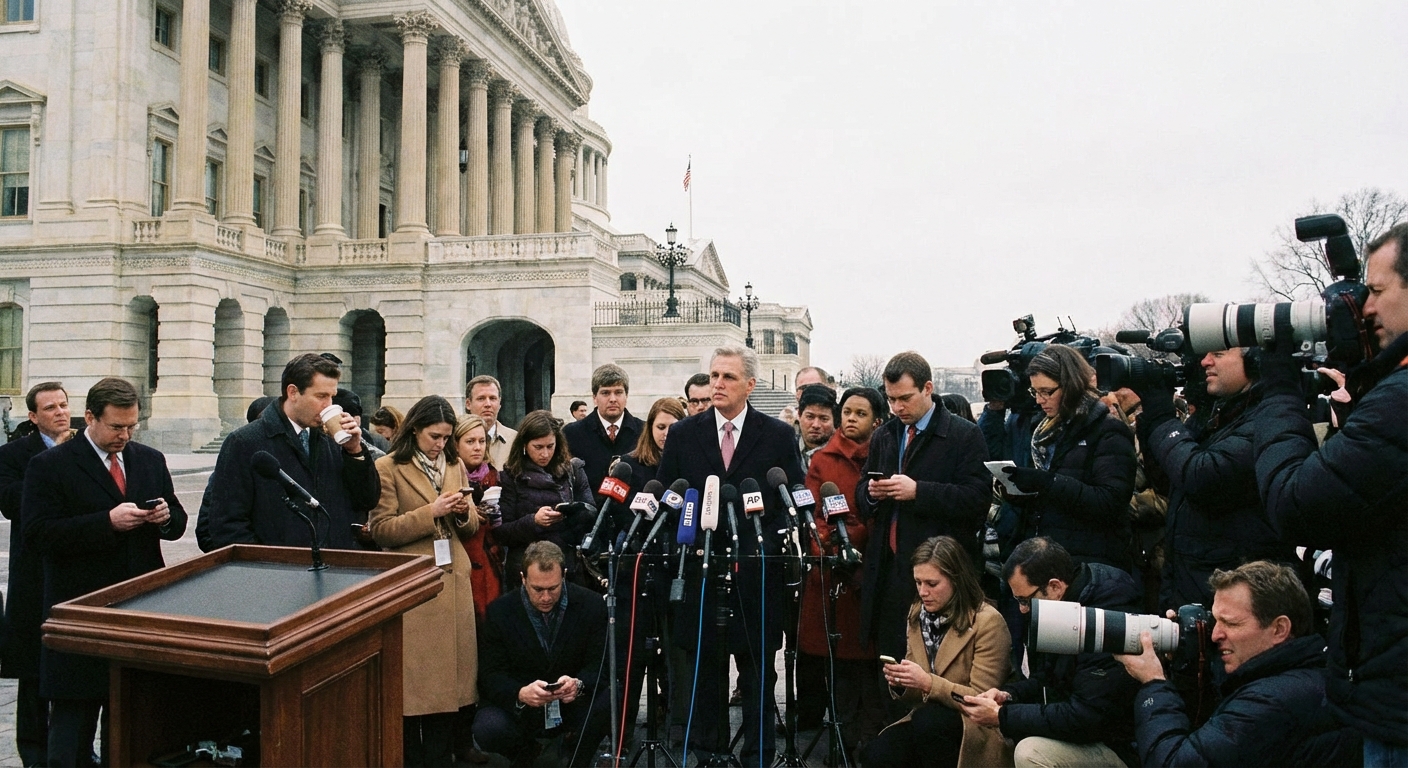 A real photograph of a group of reporters standing outside a government building holding microphones and cameras while waiting for a spokesperson