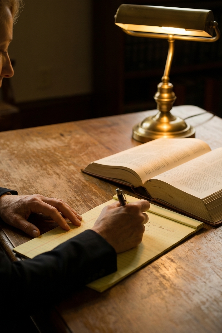A real photograph of a judge's hands writing notes with a pen on a legal pad on a wooden desk, with an open law book and a desk lamp nearby, moody indoor lighting, editorial photography style
