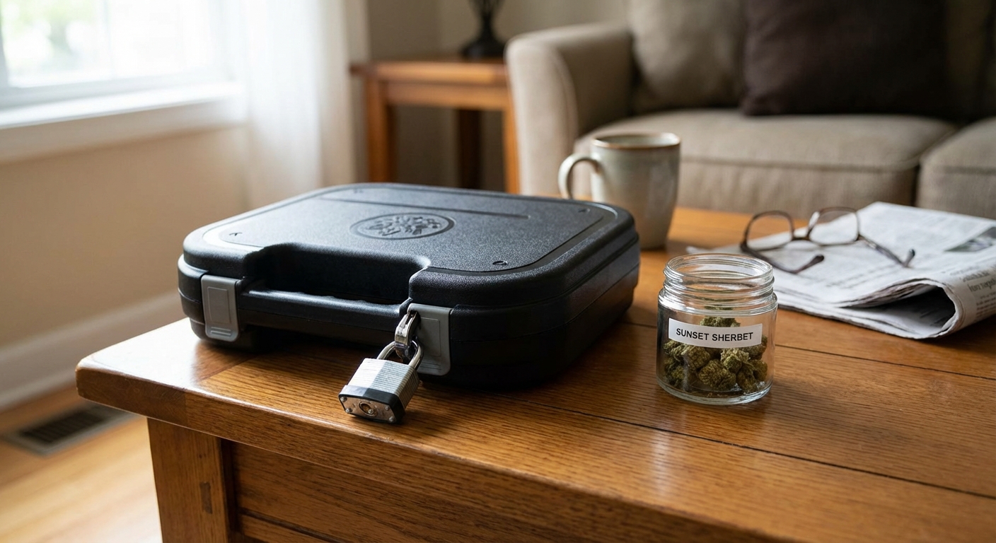 A real photograph of a locked handgun case on a table with a small container of cannabis buds nearby in a home setting