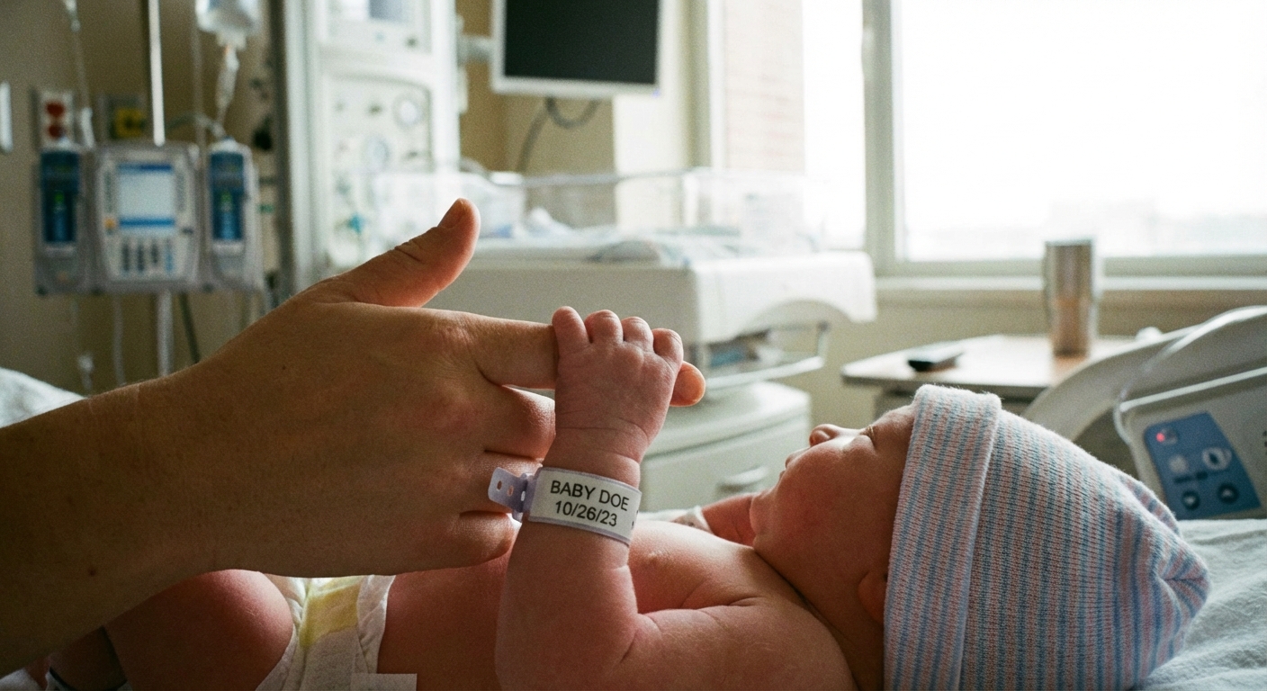 A real photograph of a newborn baby’s hand holding an adult’s finger in a hospital room
