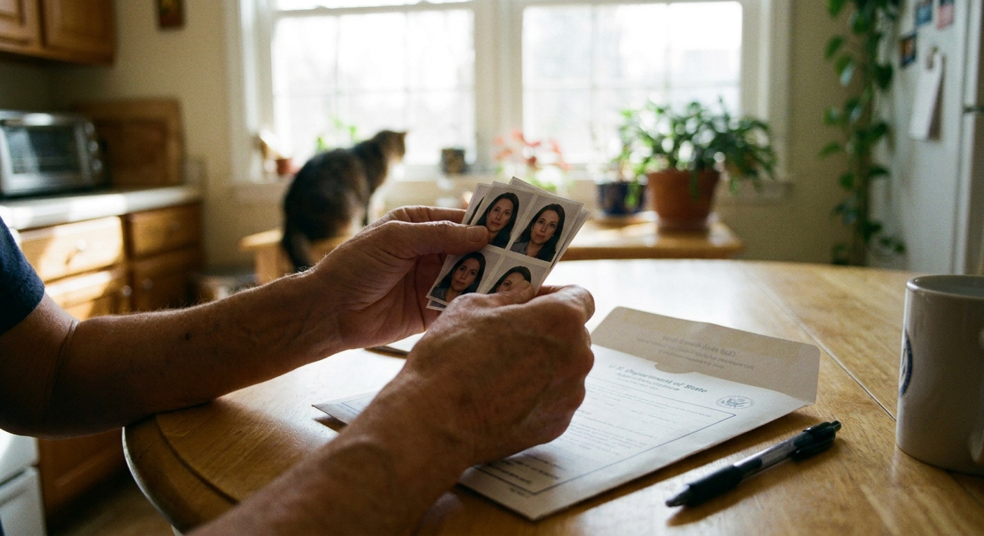 A real photograph of a person holding a small stack of passport photos above an open application packet on a kitchen table, with a soft blurred background