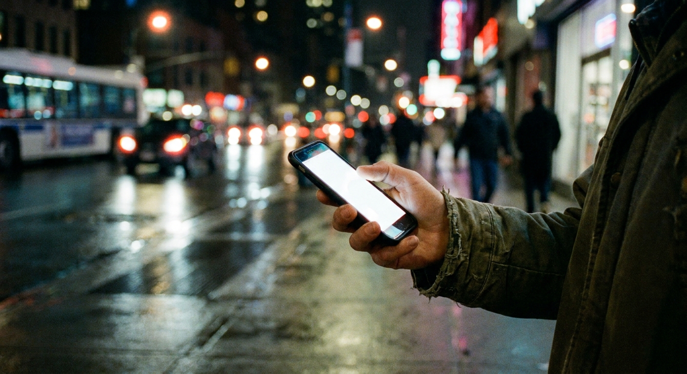 A real photograph of a person holding a smartphone in one hand on a city sidewalk at night, with the screen glowing and blurred streetlights in the background