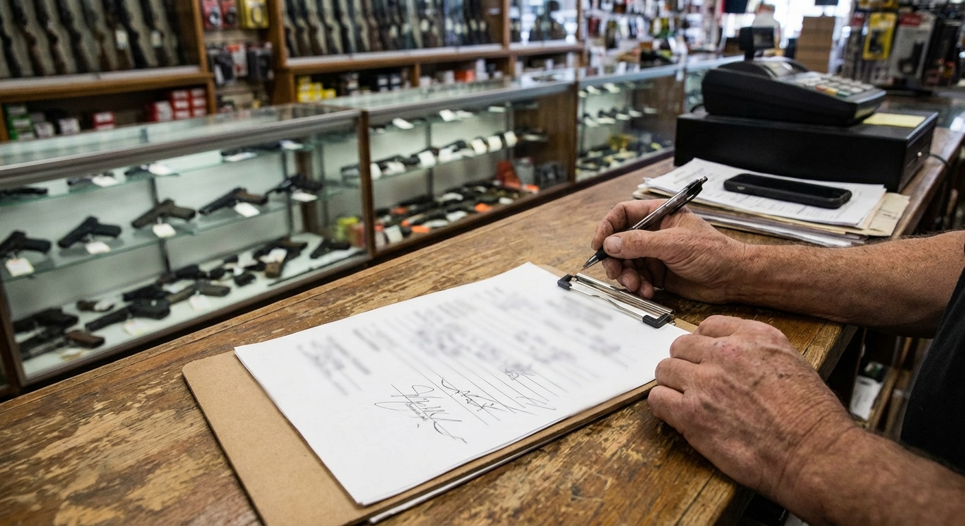 A real photograph of a person’s hands filling out a firearm purchase form on a counter at a gun store with no readable text visible