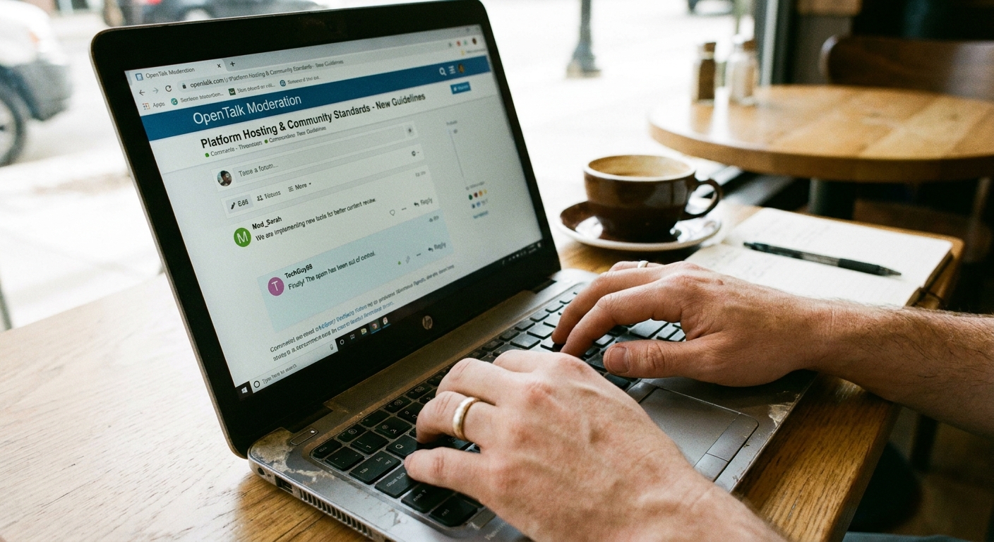 A real photograph of a person’s hands on a laptop keyboard with a web browser open to a comment thread, suggesting online platform hosting and moderation