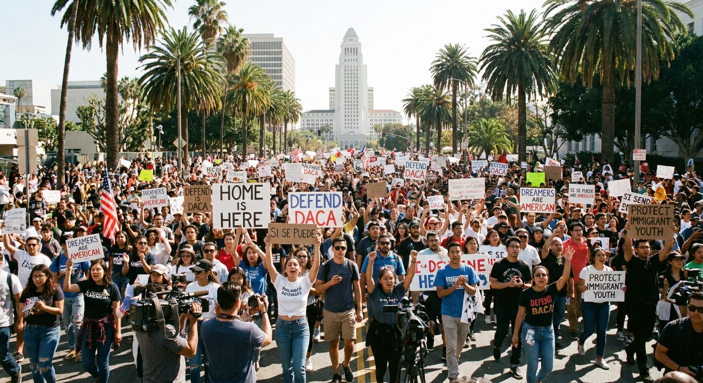 A real photograph of a public rally in Los Angeles with people holding signs supporting DACA, photographed at street level with a crowd gathered in daylight