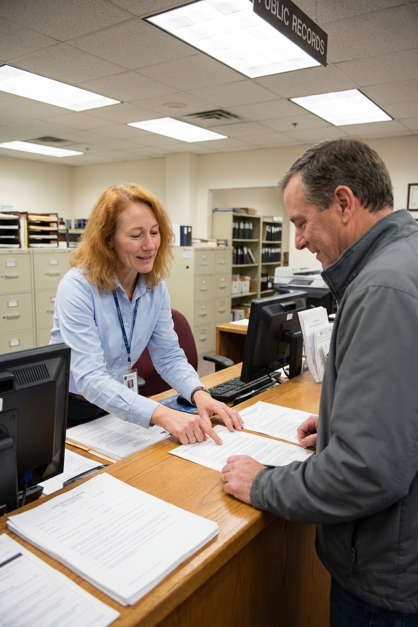 A real photograph of a public records counter inside a city hall building with a clerk assisting a resident across the counter