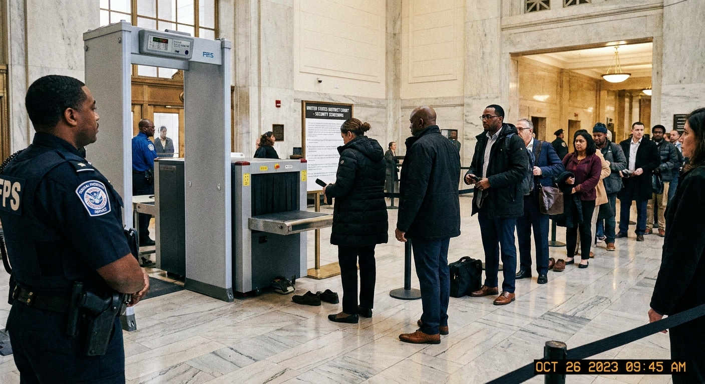 A real photograph of a security checkpoint inside a United States federal courthouse, with a uniformed officer near metal detectors and visitors waiting in line, news photography style