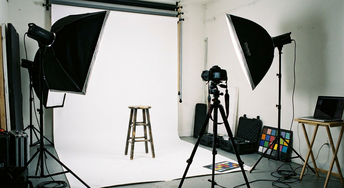 A real photograph of a small photo studio setup with a white backdrop and softbox lights aimed at a stool, ready for passport-style photography