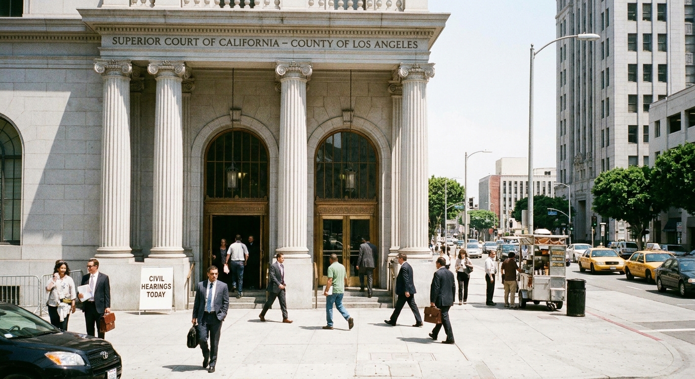 A real photograph of a state courthouse entrance with people entering for civil hearings, daytime street scene