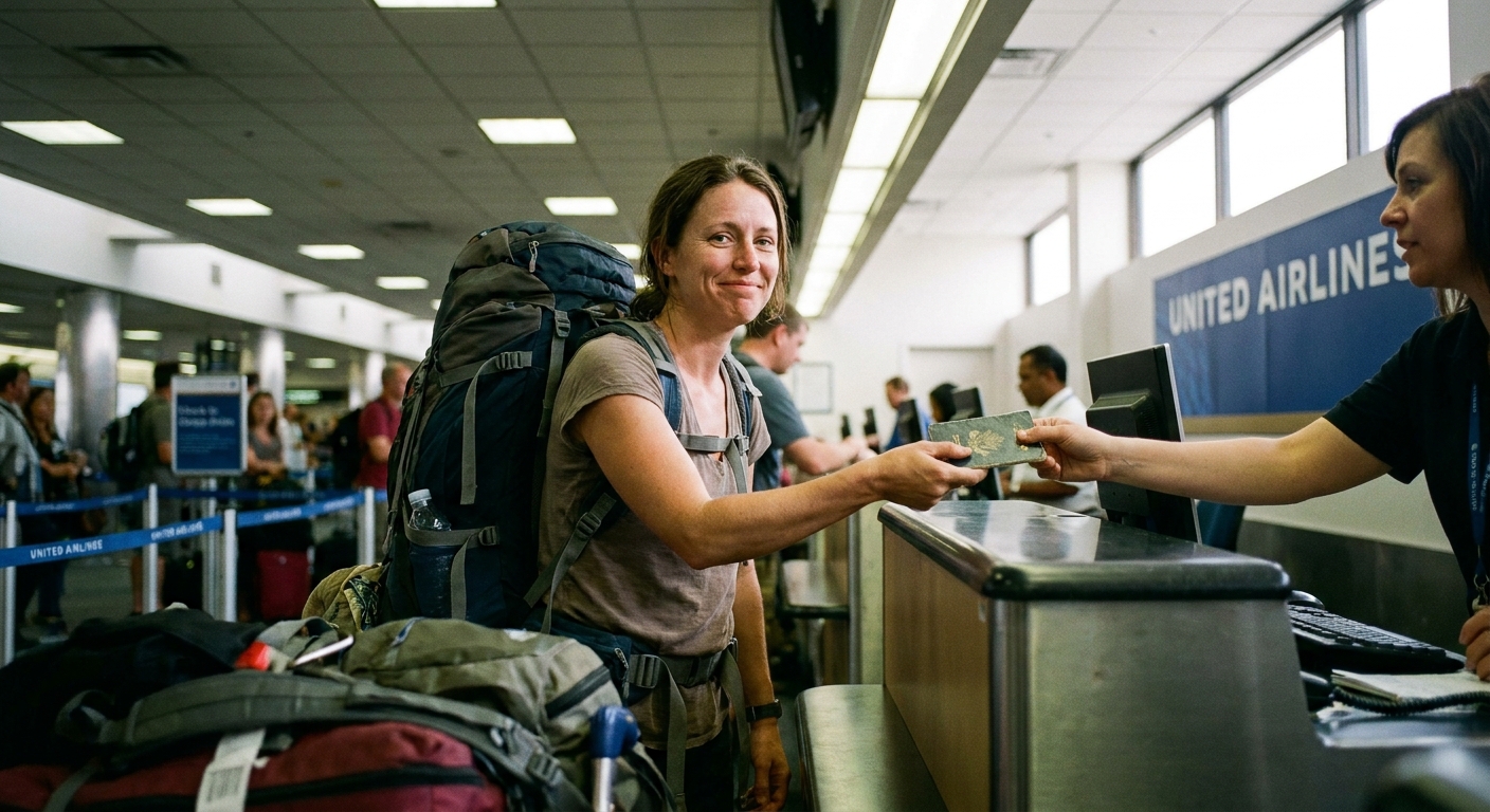 A real photograph of a traveler holding a passport at an airline check-in counter with luggage in the foreground, candid airport lighting, documentary style