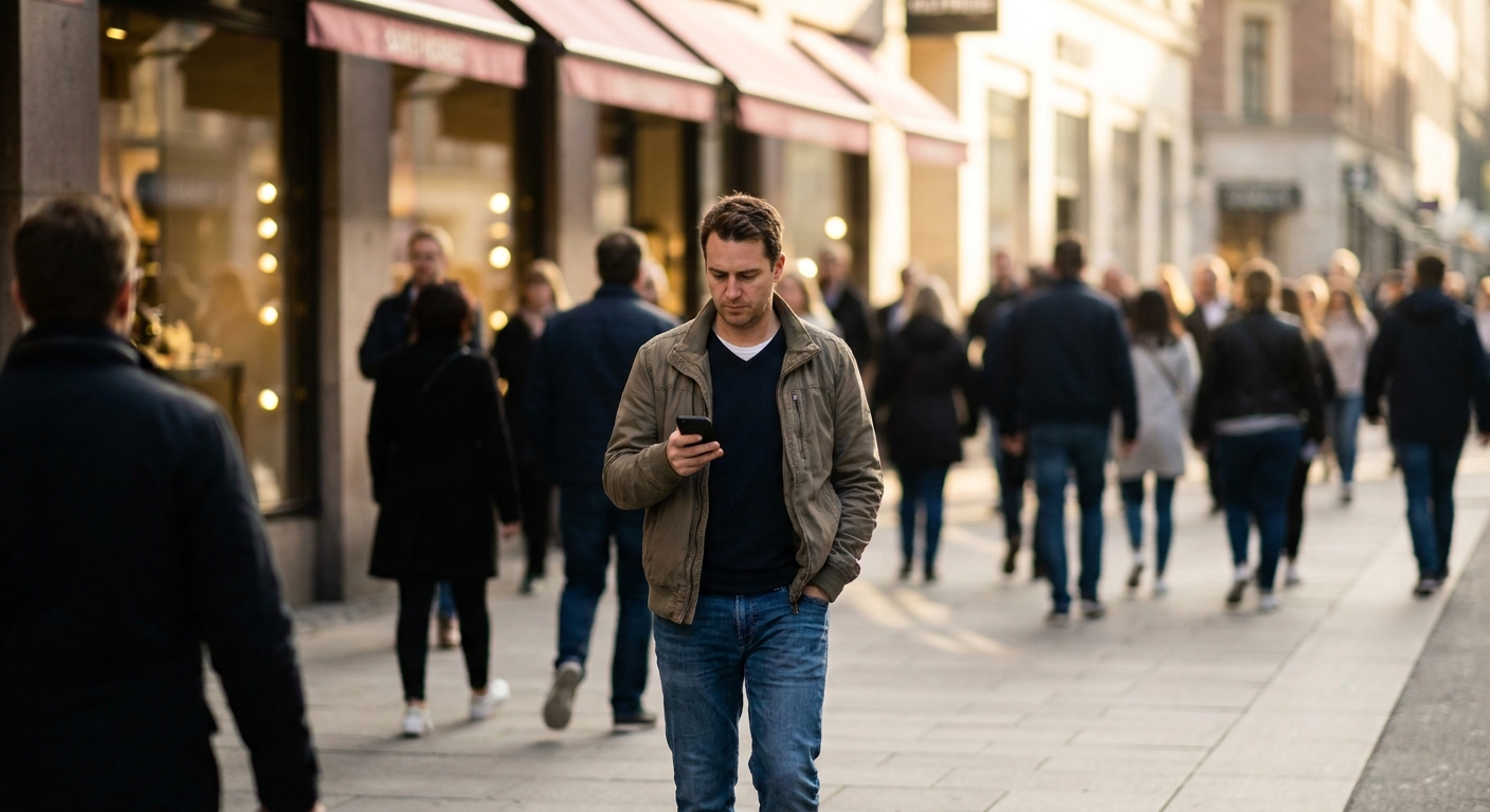 A real photograph of an adult holding a smartphone while walking on a busy city sidewalk in daylight, with people and storefronts softly blurred in the background