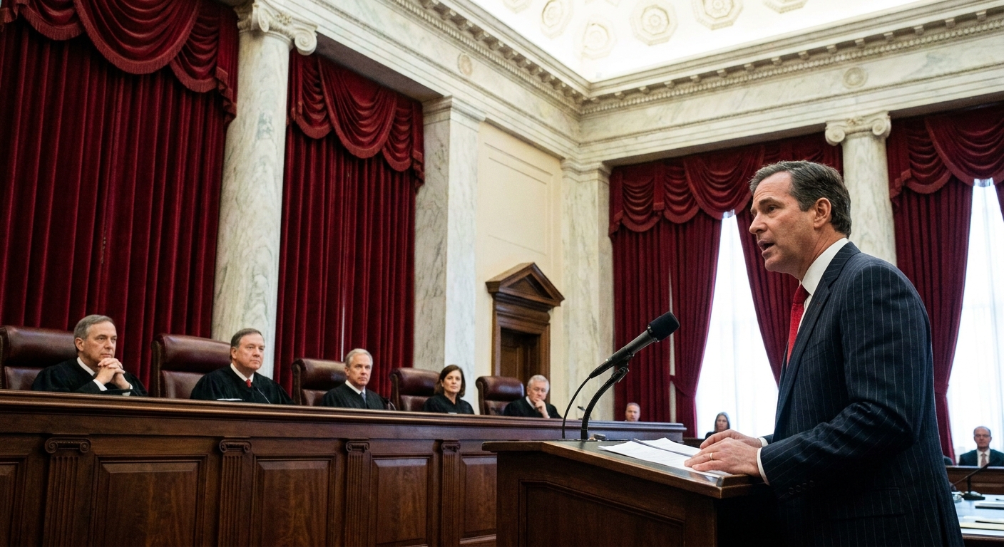 A real photograph of an attorney in formal attire speaking at the lectern inside the United States Supreme Court courtroom