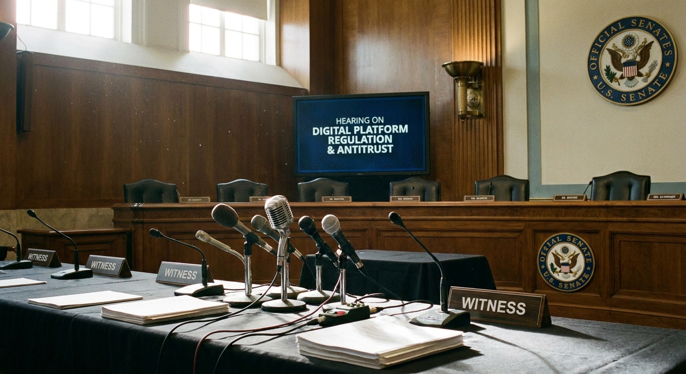 A real photograph of an empty congressional hearing room with microphones on a witness table, suggesting legislative debate over internet platform regulation