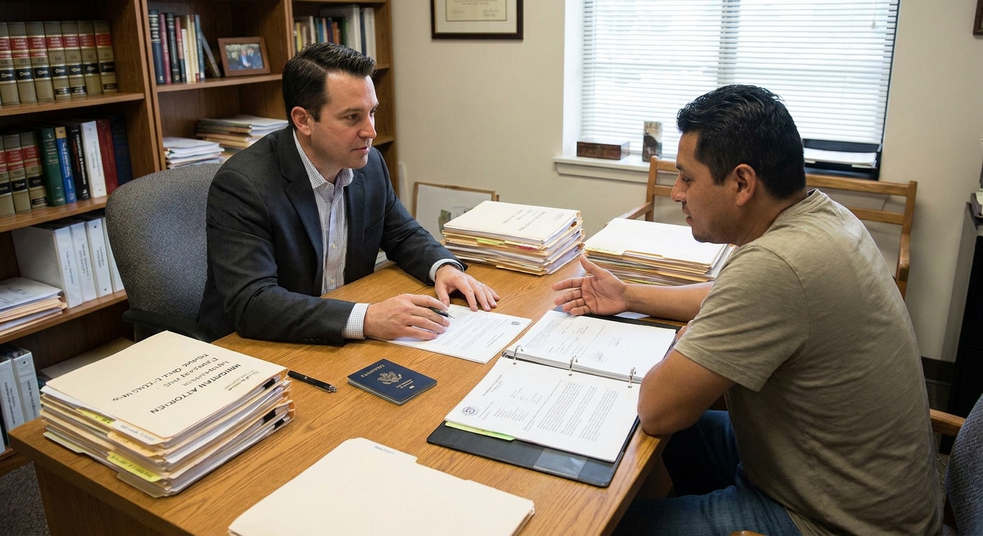 A real photograph of an immigration attorney meeting with a client at a desk covered with neatly arranged paperwork and a passport, indoor office lighting, documentary style