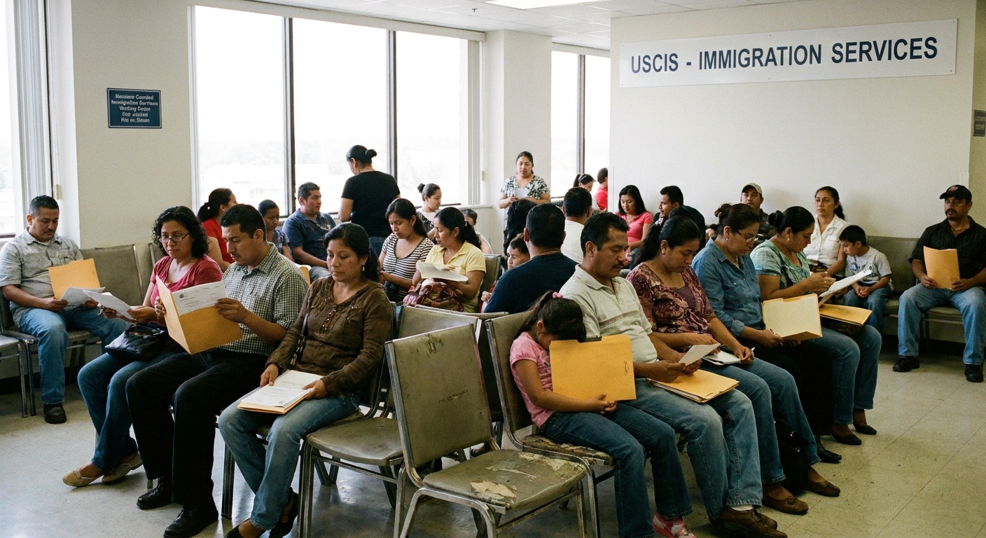 A real photograph of an immigration services waiting room with people seated holding folders and paperwork, candid documentary style