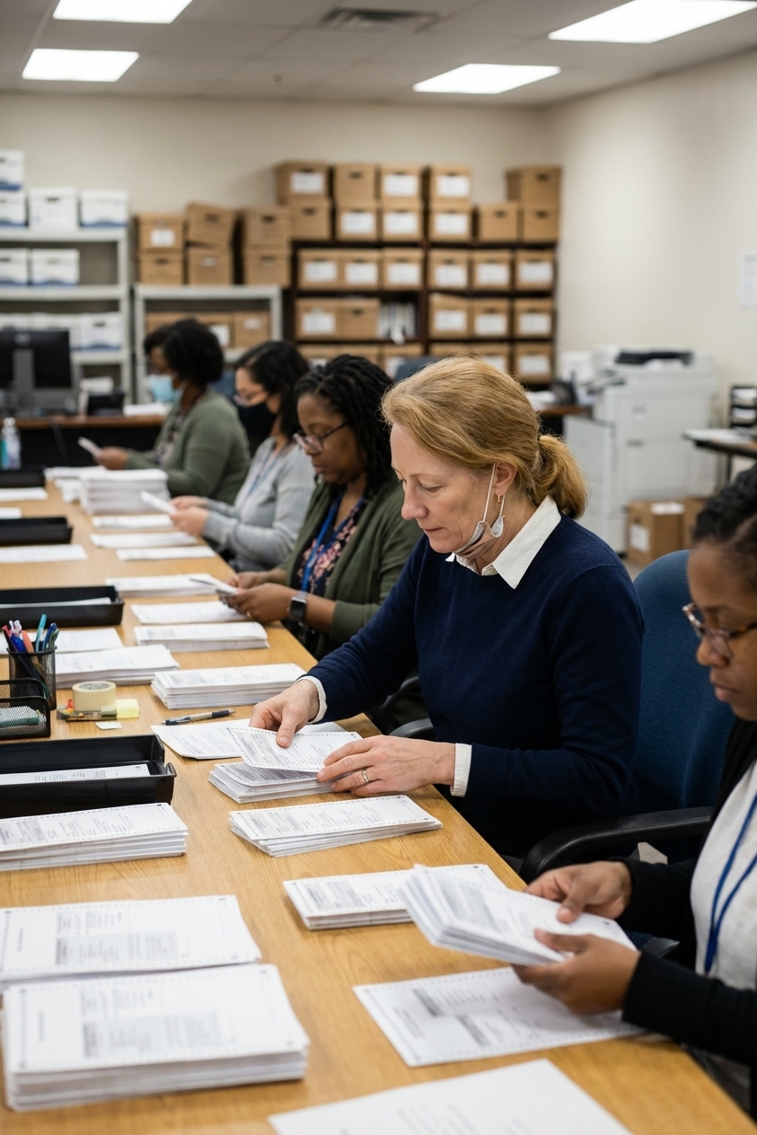 A real photograph of election workers in a county office carefully counting and sorting paper ballots on a long table, neutral indoor lighting, documentary news photography style