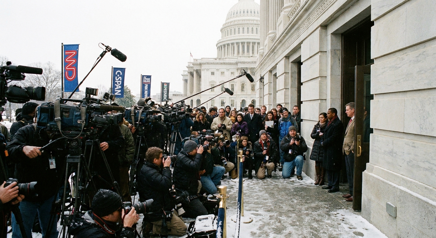 A real photograph of journalists and television cameras gathered outside a Capitol Hill building in Washington, D.C., waiting for lawmakers to exit, news photography style