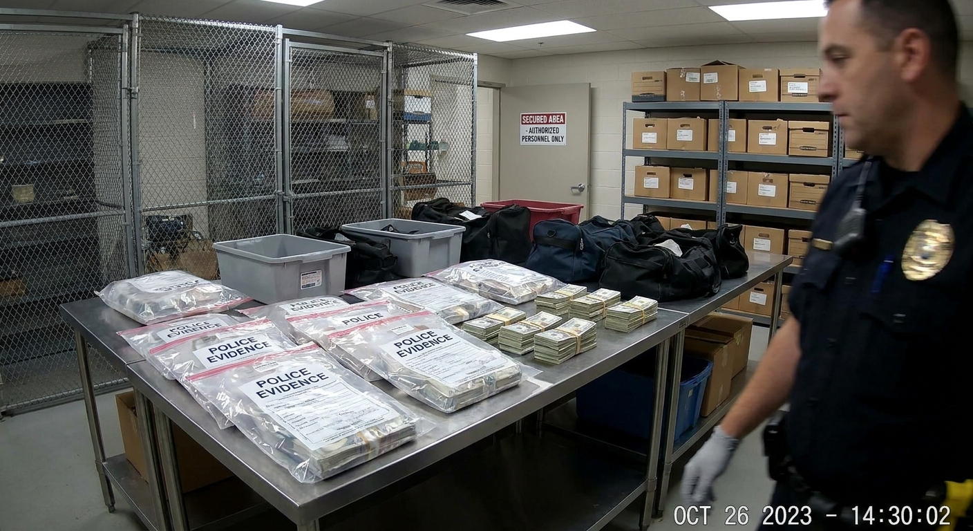 A real photograph of law enforcement evidence laid out on a table in a secured room, including cash bundles and sealed bags, news photography style