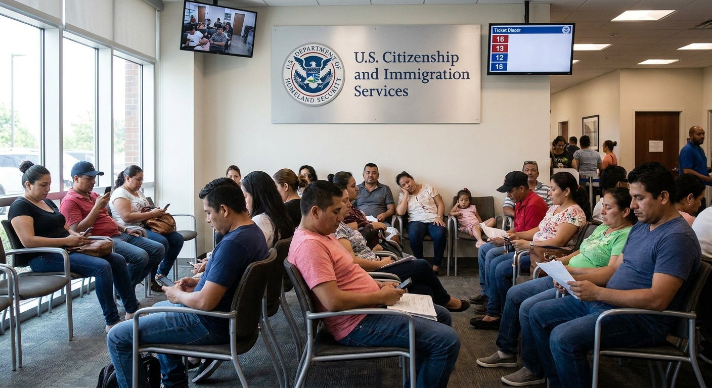 A real photograph of people seated in a waiting area inside a U.S. Citizenship and Immigration Services field office, candid documentary style