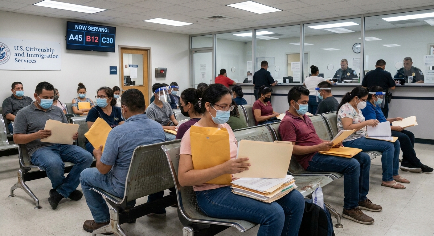 A real photograph of people sitting in a waiting area at a U.S. immigration services office, holding folders and paperwork, documentary news style