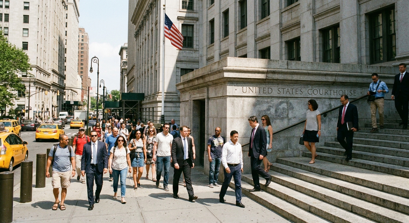 A real photograph of people walking past the entrance of a federal courthouse in New York City on a clear day, with courthouse steps and stone facade visible
