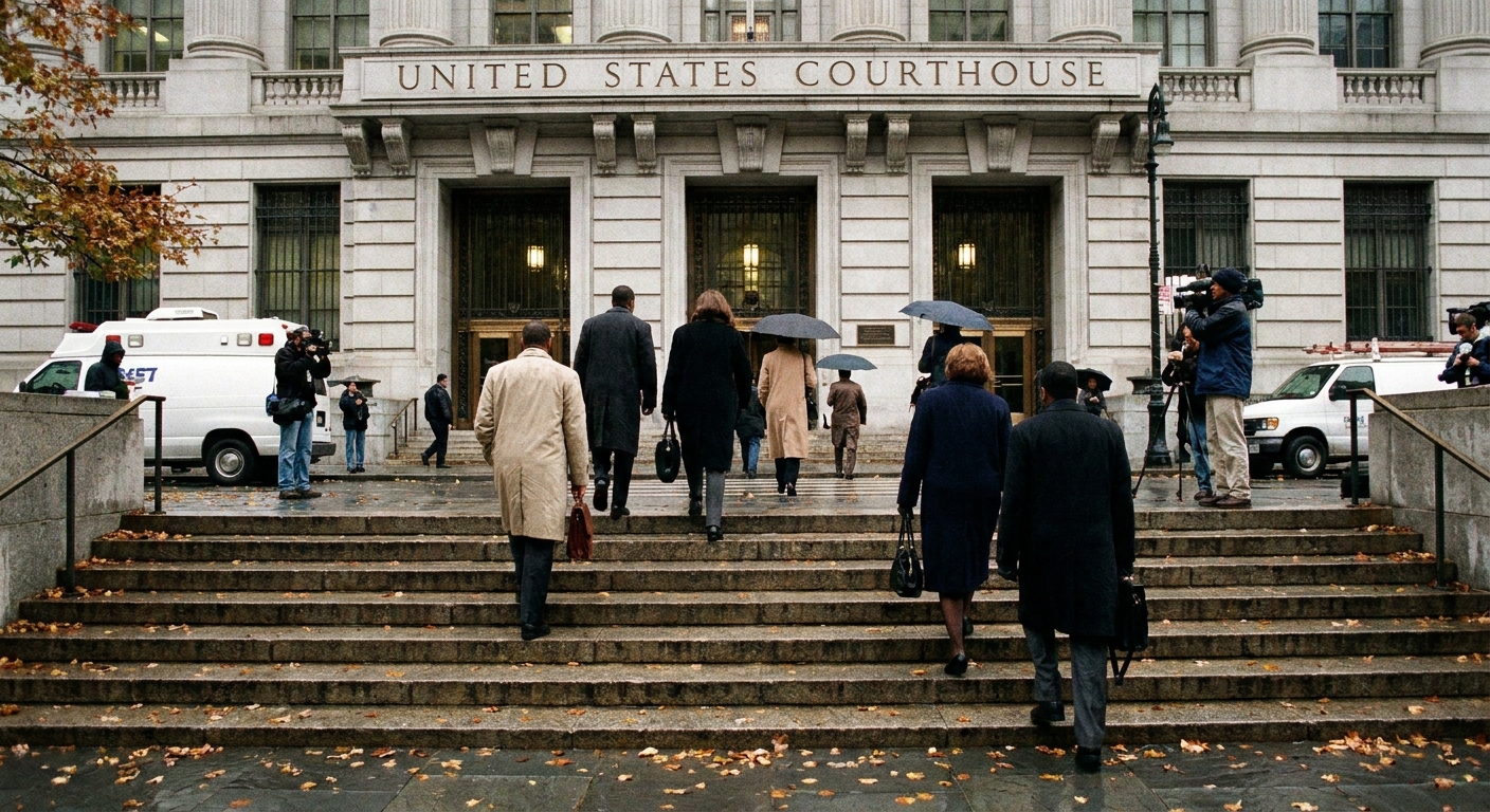A real photograph of people walking up the stone steps toward the entrance of a federal courthouse in New York City on an autumn day, news photography style