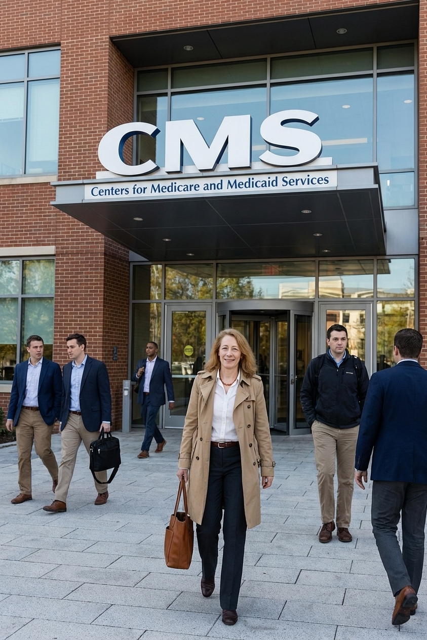 A real photograph of the Centers for Medicare and Medicaid Services headquarters in Baltimore, Maryland, with the building entrance visible and pedestrians nearby, news photography style