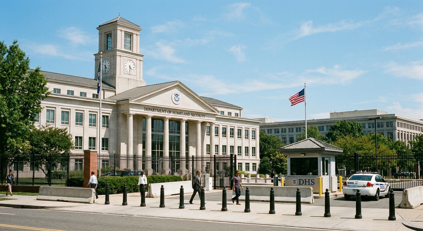 A real photograph of the Department of Homeland Security headquarters in Washington, DC on a bright day, with people walking near the entrance and security barriers visible