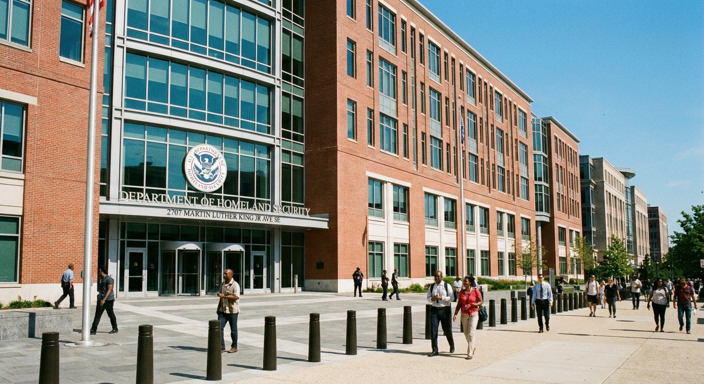 A real photograph of the Department of Homeland Security building exterior in Washington, DC on a clear day, with people walking past the entrance in the background