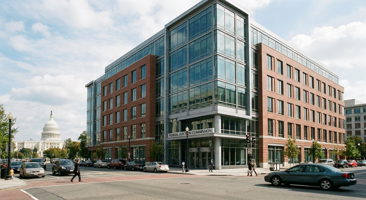 A real photograph of the Federal Election Commission headquarters building in Washington, DC in daylight