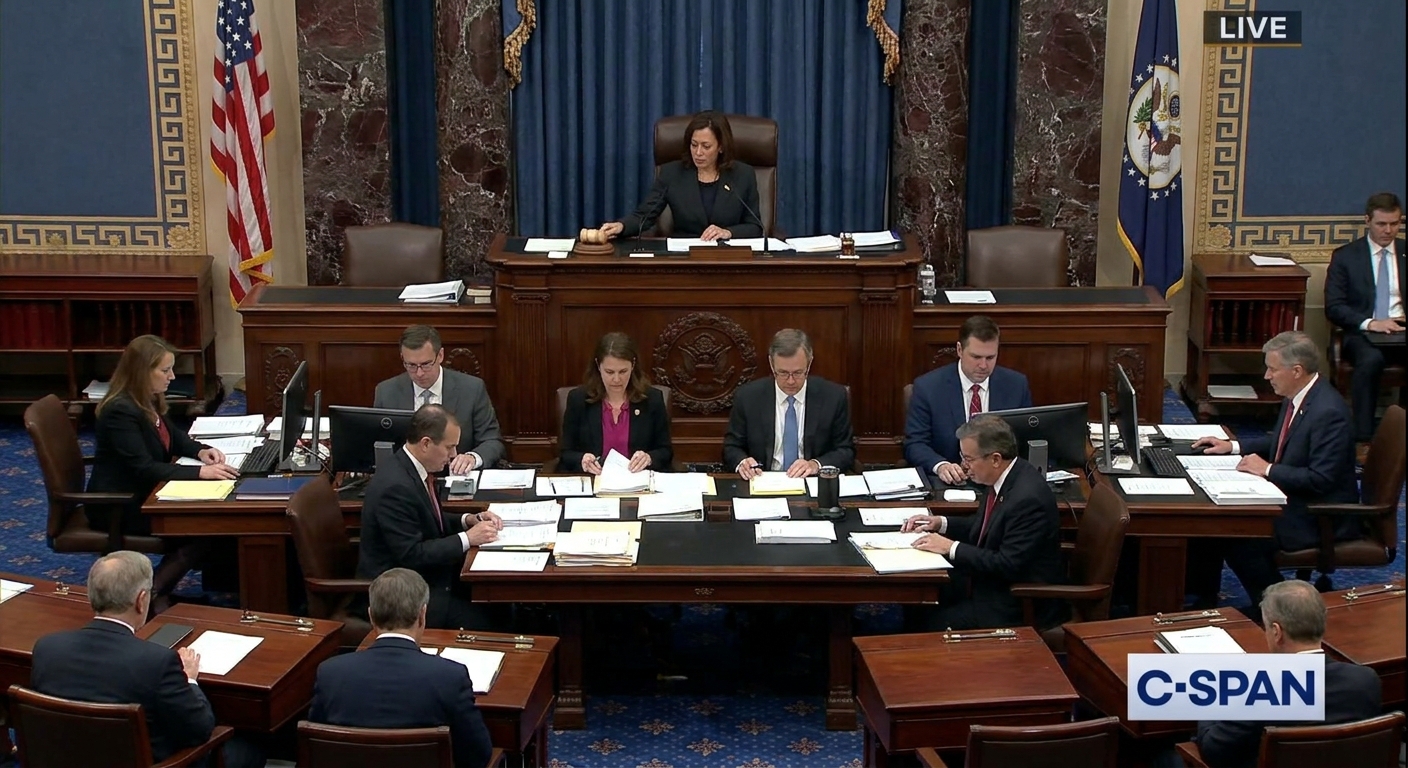 A real photograph of the Senate dais with the presiding officer seated and clerks below, inside the U.S. Senate chamber, news photography style