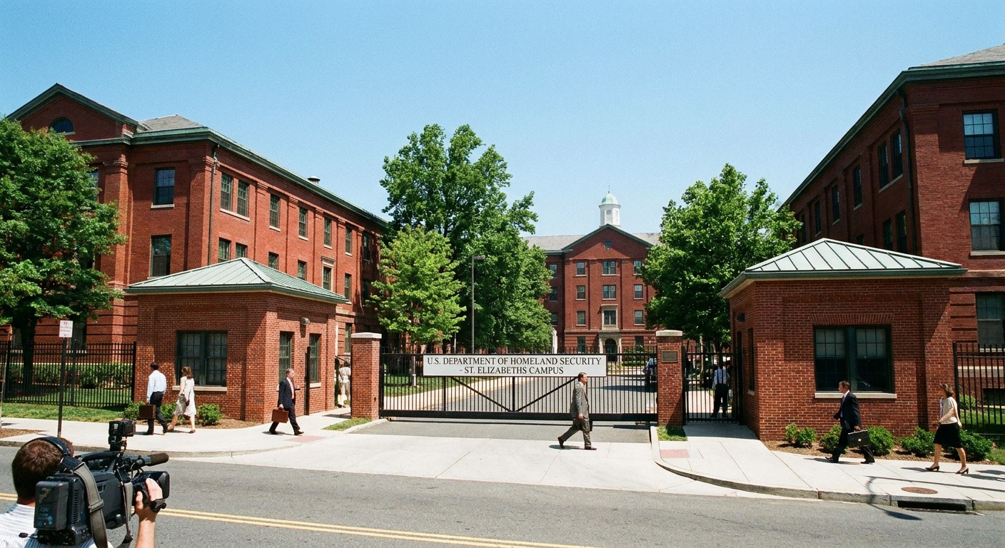 A real photograph of the U.S. Department of Homeland Security headquarters in Washington, D.C., on a summer day with people walking near the entrance, news photography style