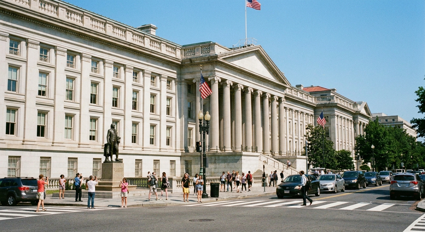 A real photograph of the U.S. Department of the Treasury building in Washington, D.C., taken on a clear day with people walking nearby