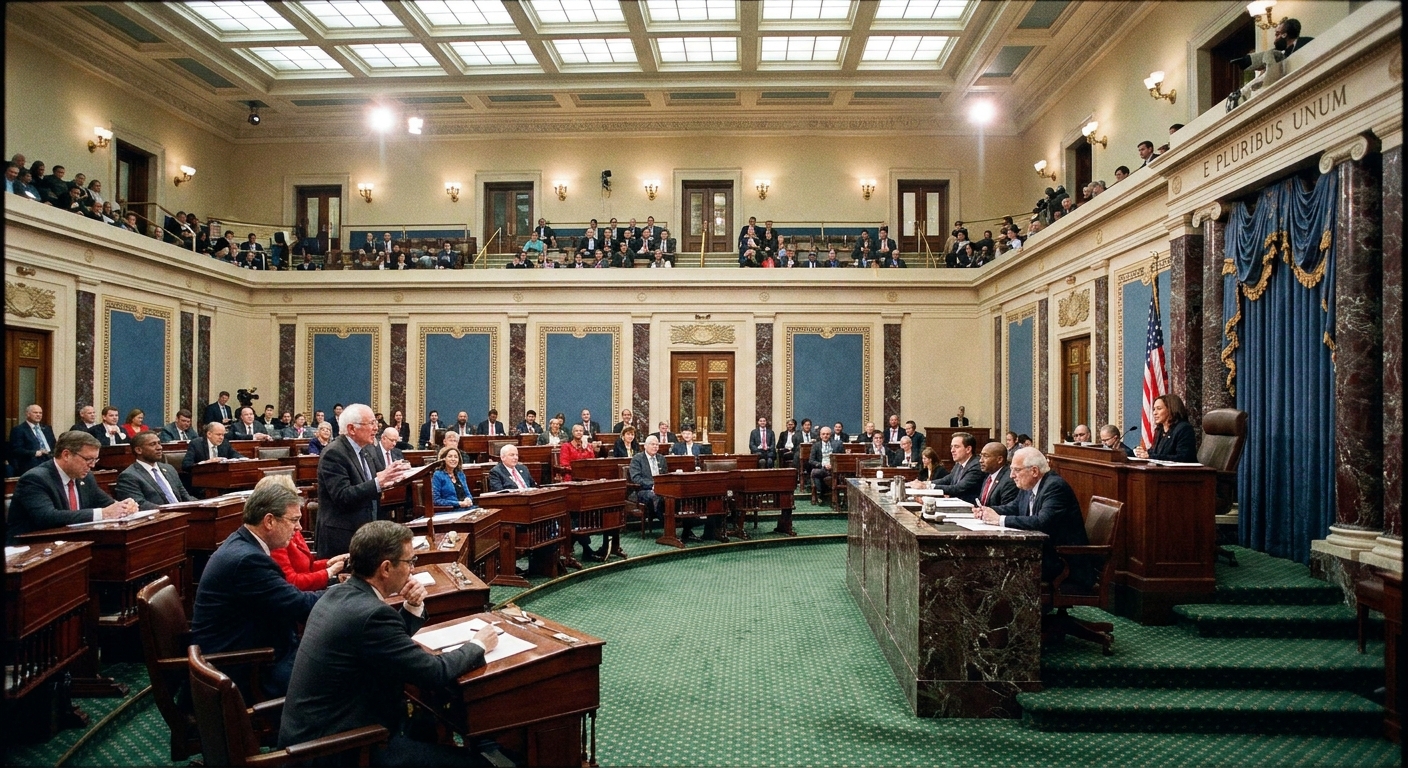 A real photograph of the U.S. Senate chamber during a debate, with senators seated at desks and the presiding officer visible