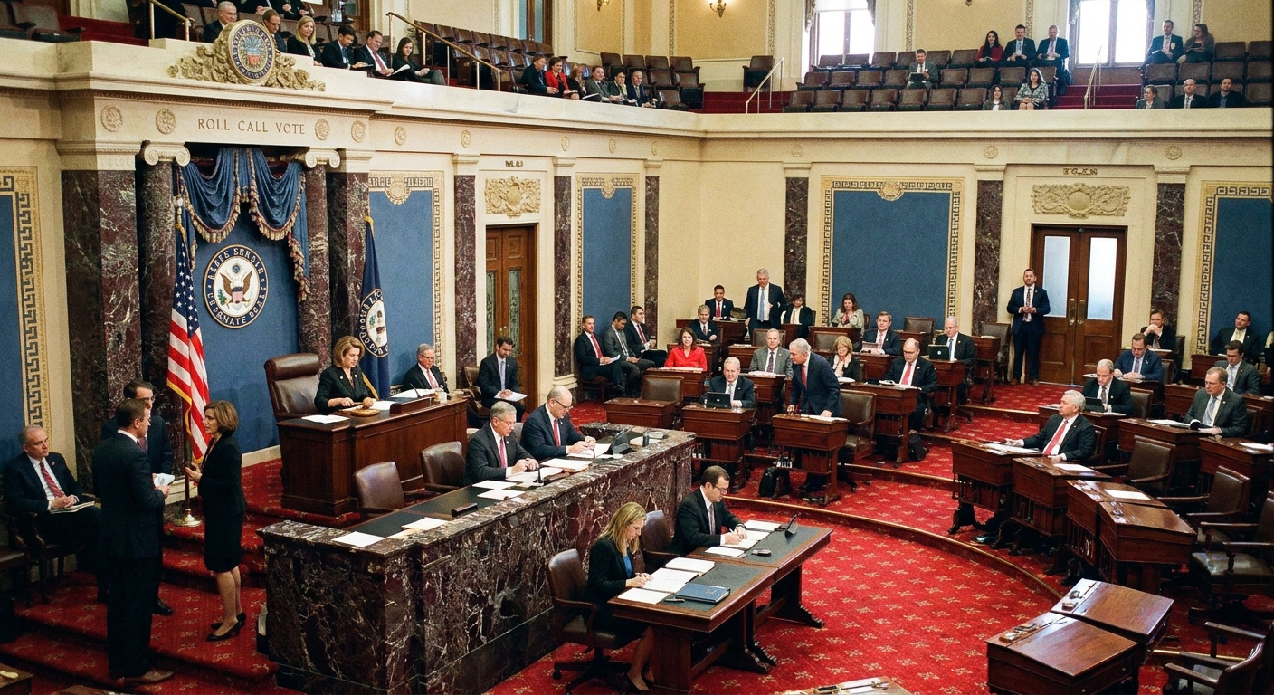 A real photograph of the U.S. Senate chamber during a vote, with senators seated at desks and the presiding officer at the rostrum