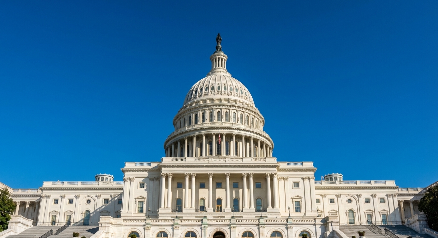 A real photograph of the United States Capitol building in Washington, DC on a clear day, taken from a low angle with the dome centered, crisp architectural detail