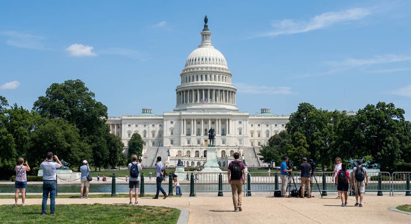 A real photograph of the United States Capitol building exterior in Washington, D.C., on a clear day with pedestrians on the grounds, news photography style