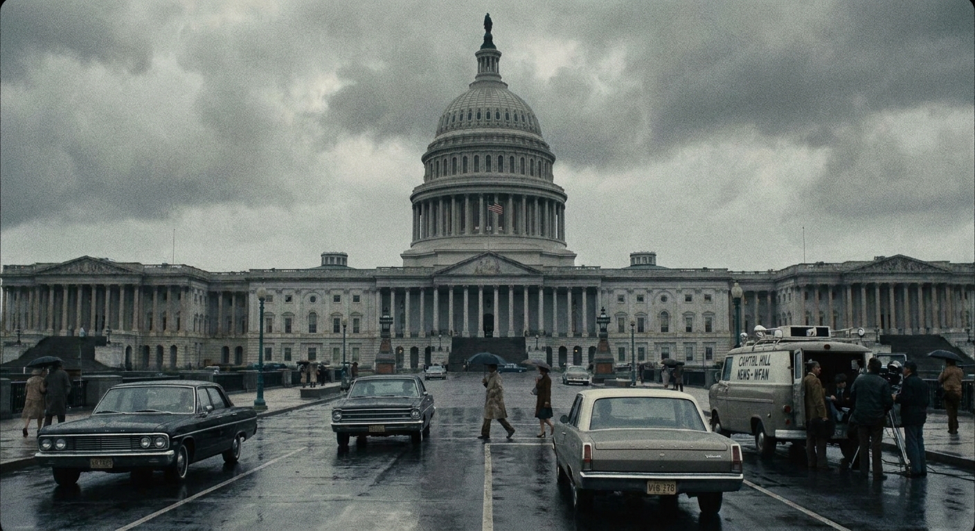 A real photograph of the United States Capitol in Washington, DC on an overcast day, news photography style, representing the era when major federal crime legislation like RICO was enacted