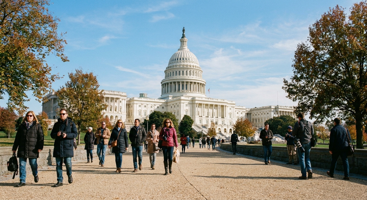 A real photograph of the United States Capitol seen from the Capitol Hill grounds in Washington, D.C., with pedestrians walking along the path on a clear day, news photography style