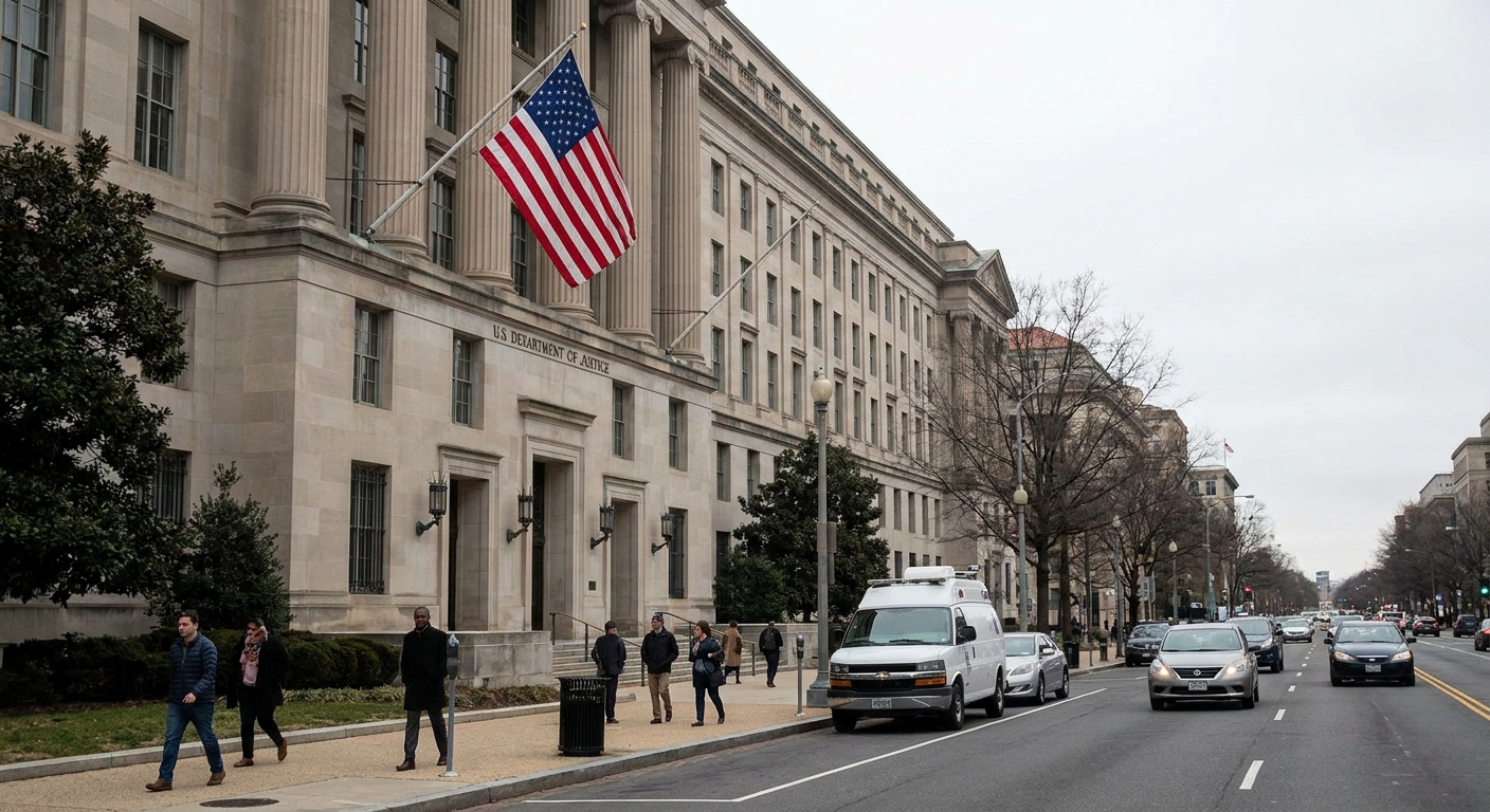 A real photograph of the United States Department of Justice building in Washington, DC in daylight, news photography style