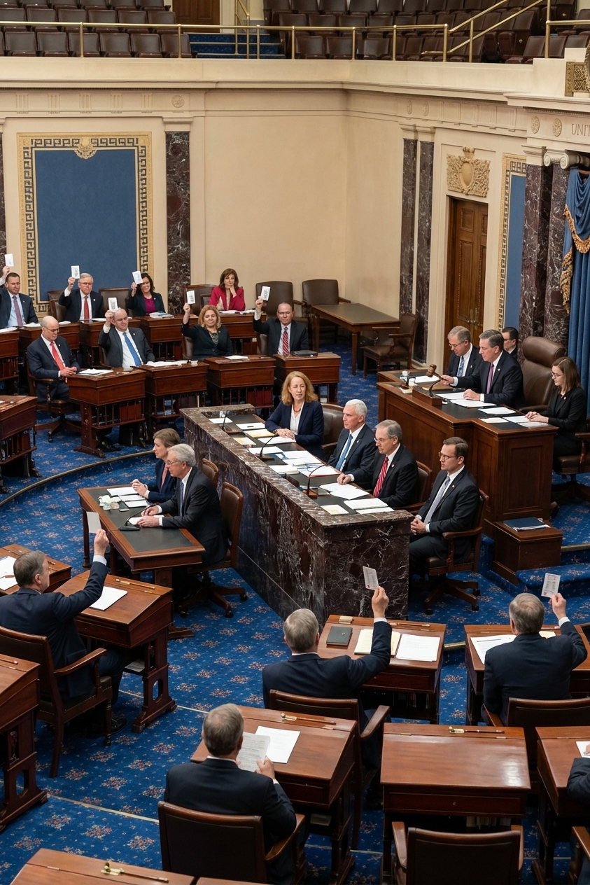 A real photograph of the United States Senate chamber during an active vote, senators seated at their desks with the presiding officer at the dais, news photography style