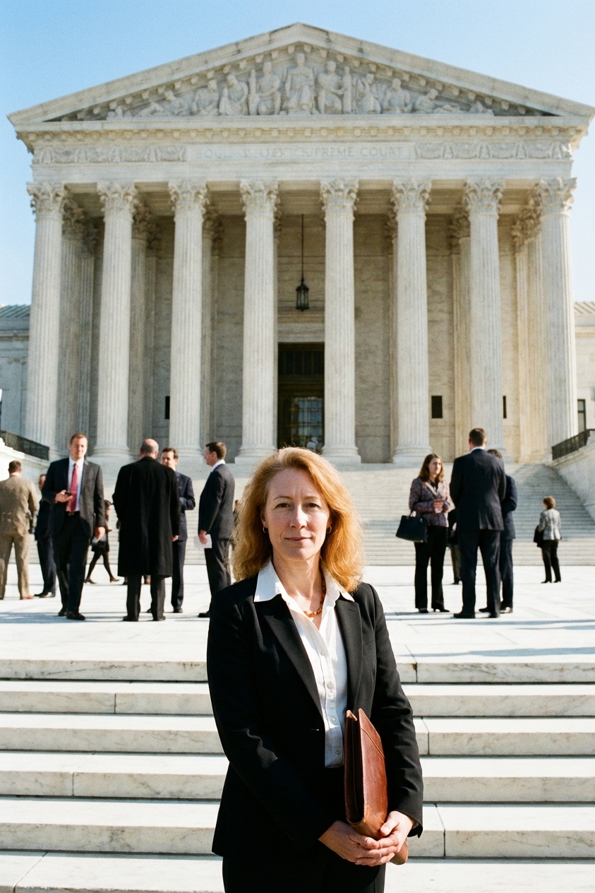 A real photograph of the United States Supreme Court building in Washington, D.C., shot from ground level with the front steps and columns centered in the frame on a clear day, news photography style