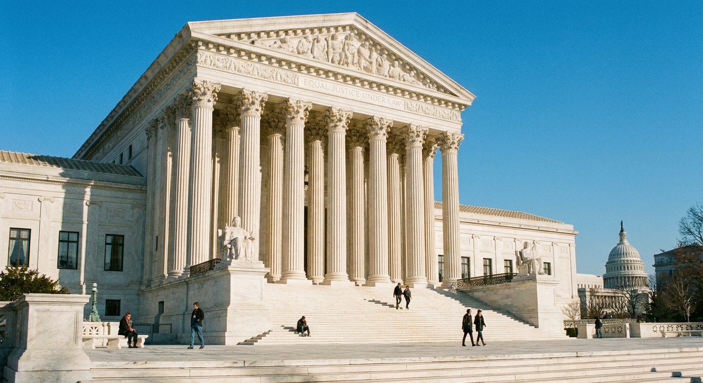 A real photograph of the United States Supreme Court building in Washington, D.C., on a clear day, with the front steps and columns visible