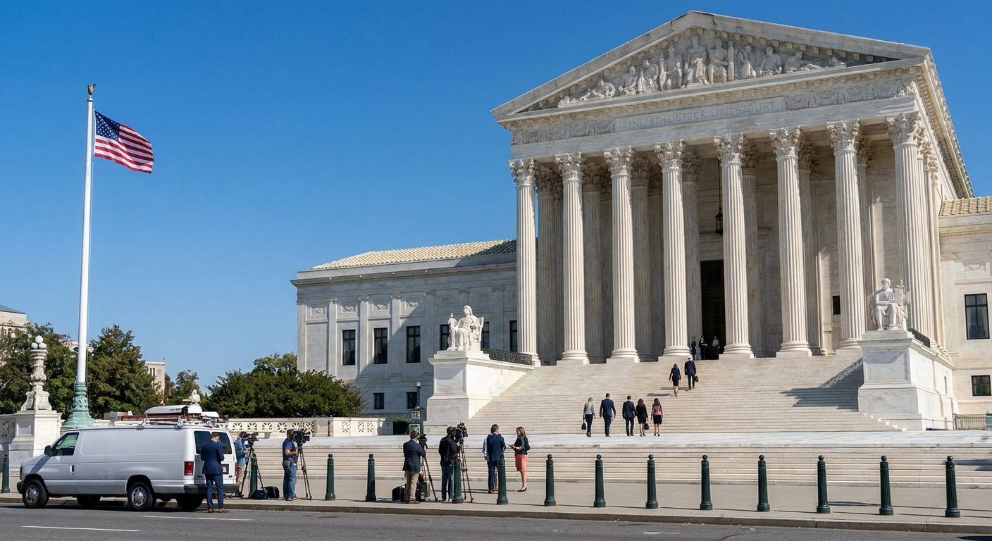 A real photograph of the United States Supreme Court building exterior on a clear day with steps and columns visible, news photography style