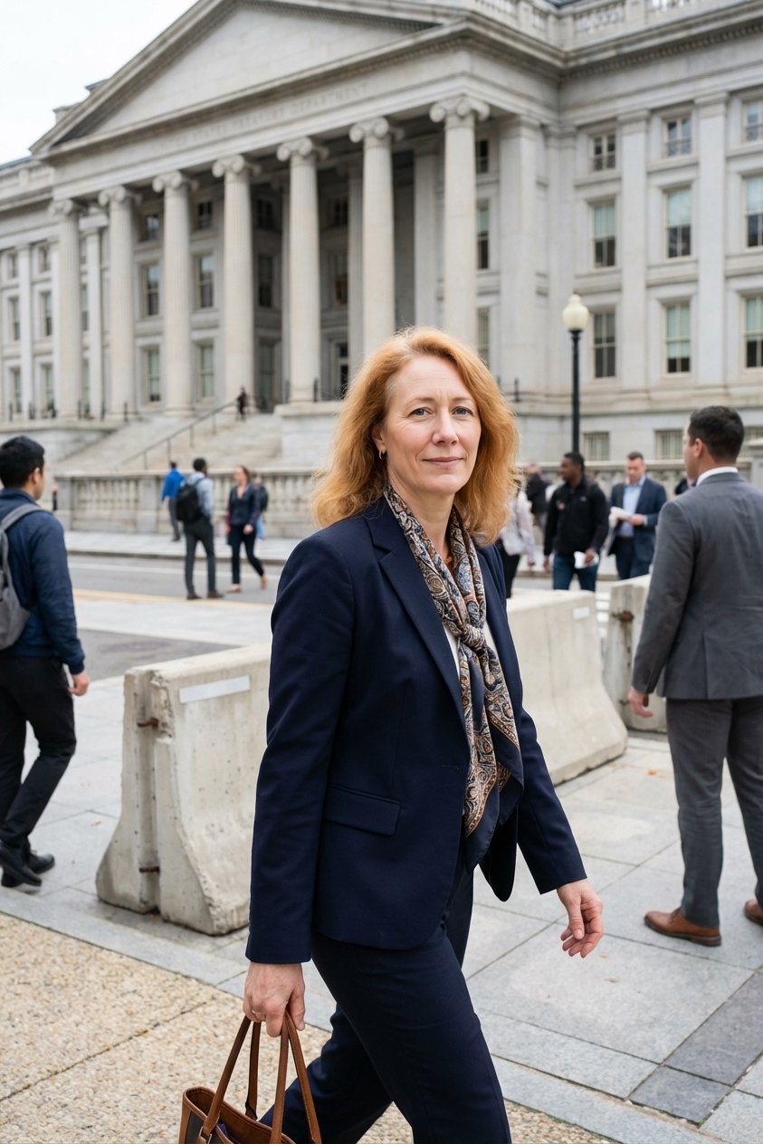 A real photograph of the United States Treasury Department building in Washington, DC at street level, with pedestrians and security barriers visible outside on a weekday