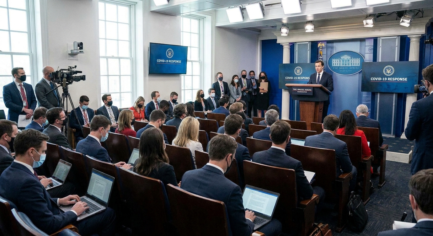 A real photograph of the White House press briefing room in Washington, D.C., with reporters seated and a podium at the front during a government announcement, news photography style