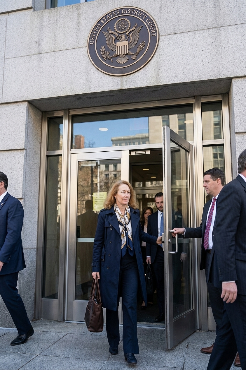 A real photograph of the entrance to a United States District Court building with its seal visible and people entering through glass doors, daytime, news photography style