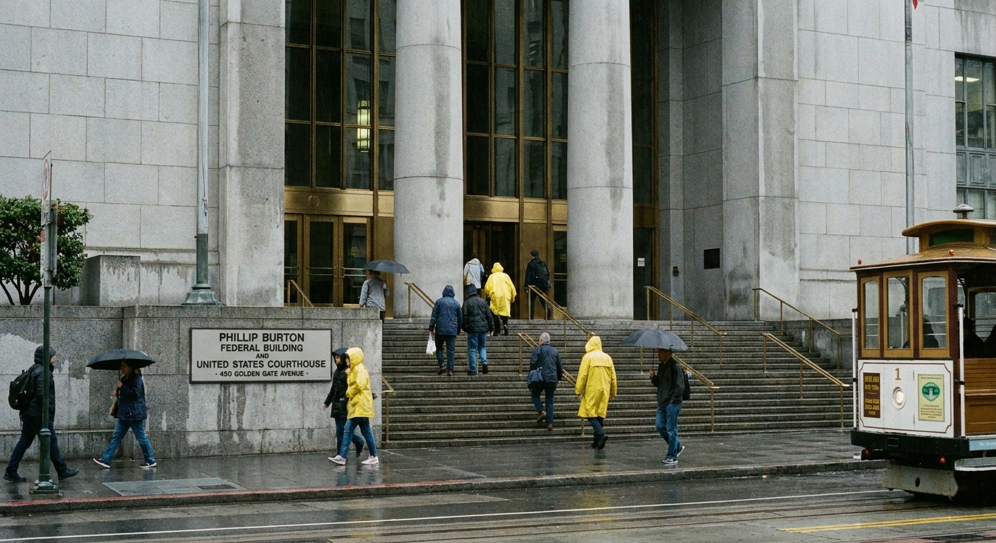 A real photograph of the entrance to a federal courthouse in San Francisco on an overcast day, with people walking up the steps and the building’s columns visible